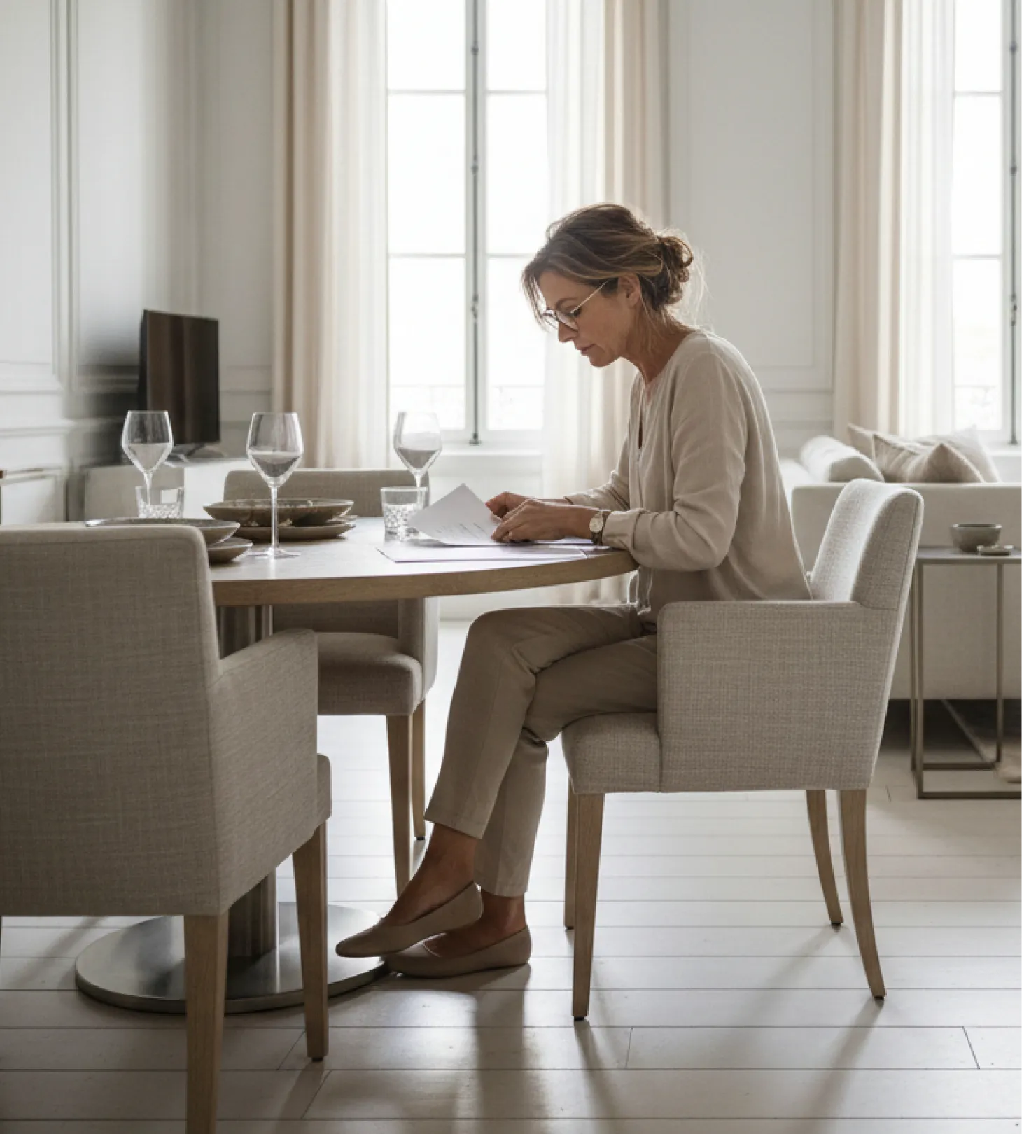 donna a tavola in casa di pregio riqualificata energeticamente