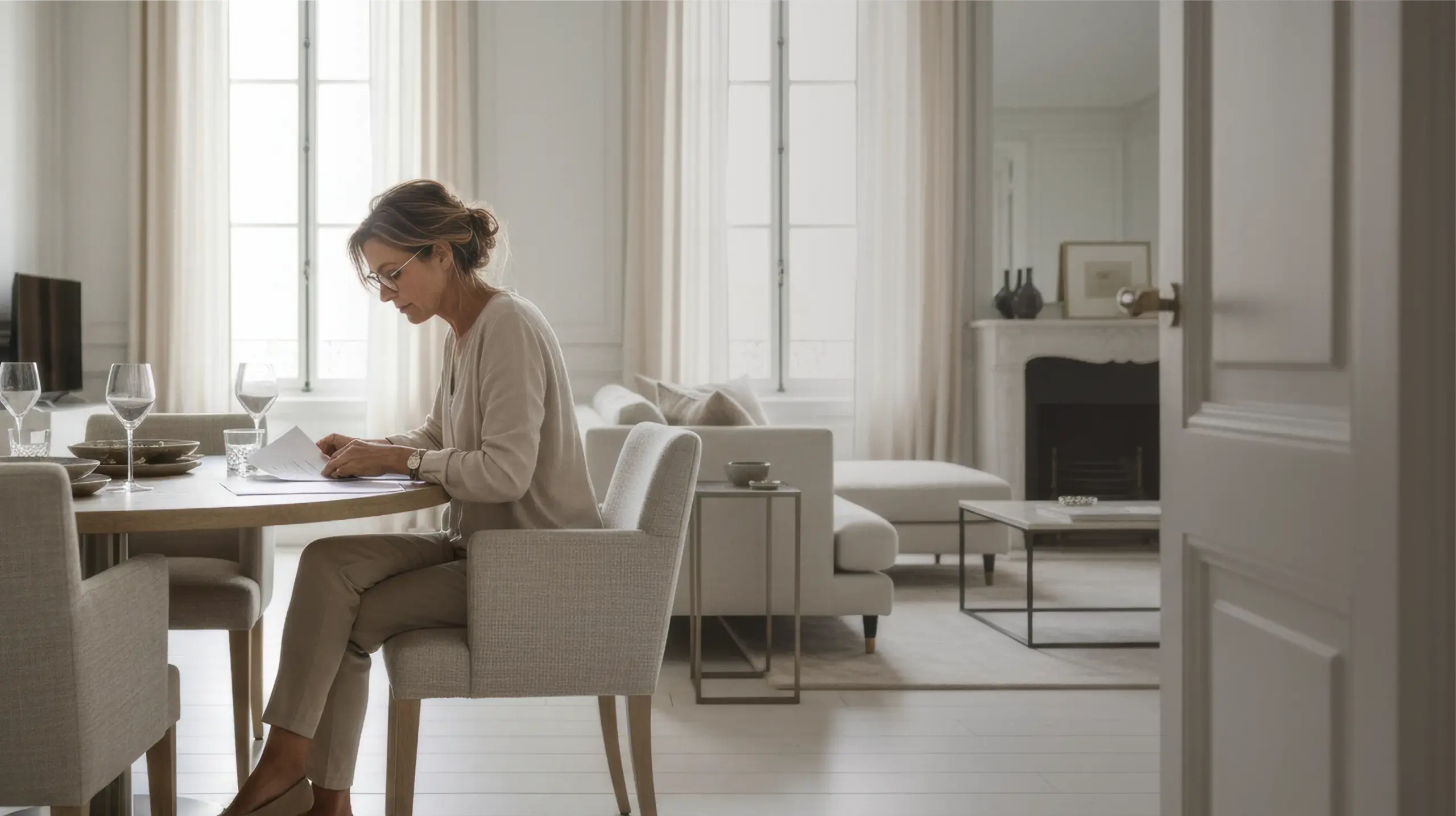 donna a tavola in casa di pregio riqualificata energeticamente