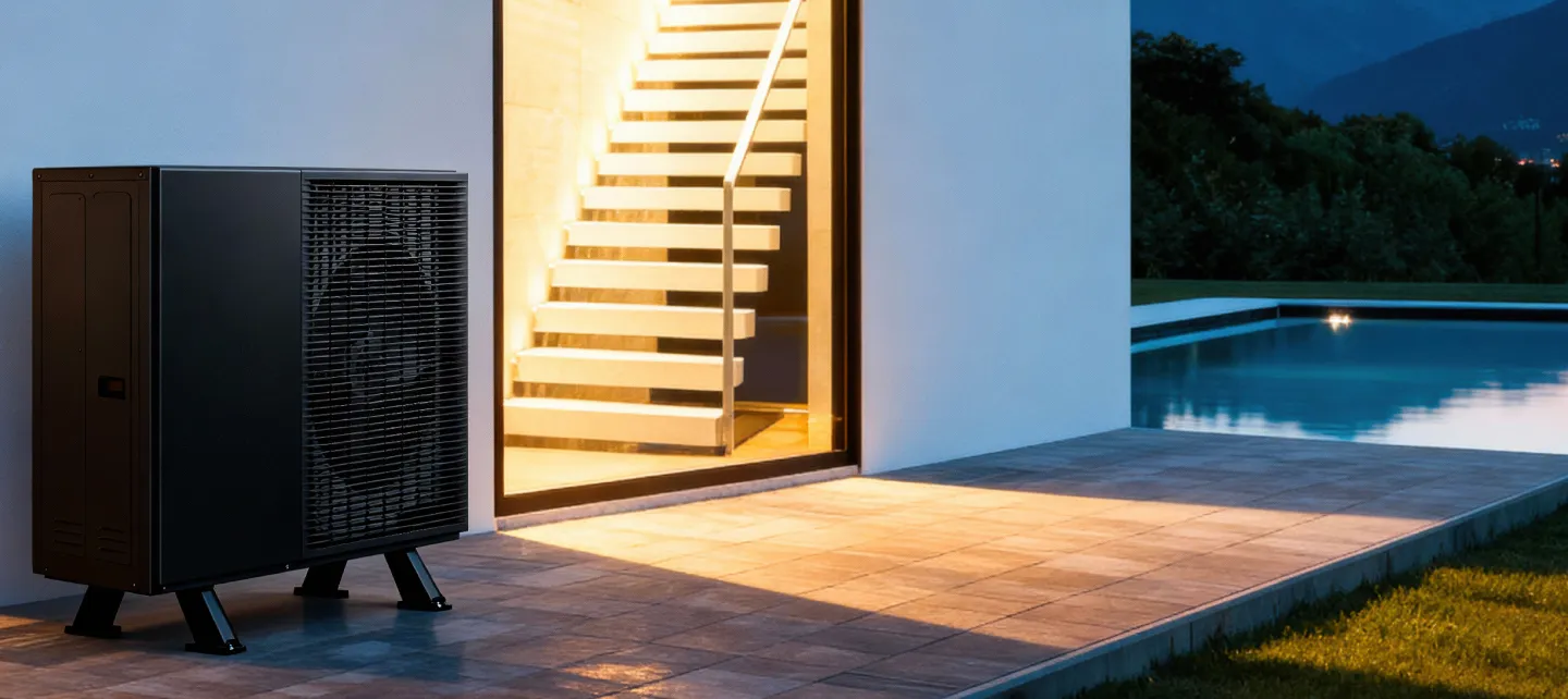 esterno villa con piscina e pompa di calore nera