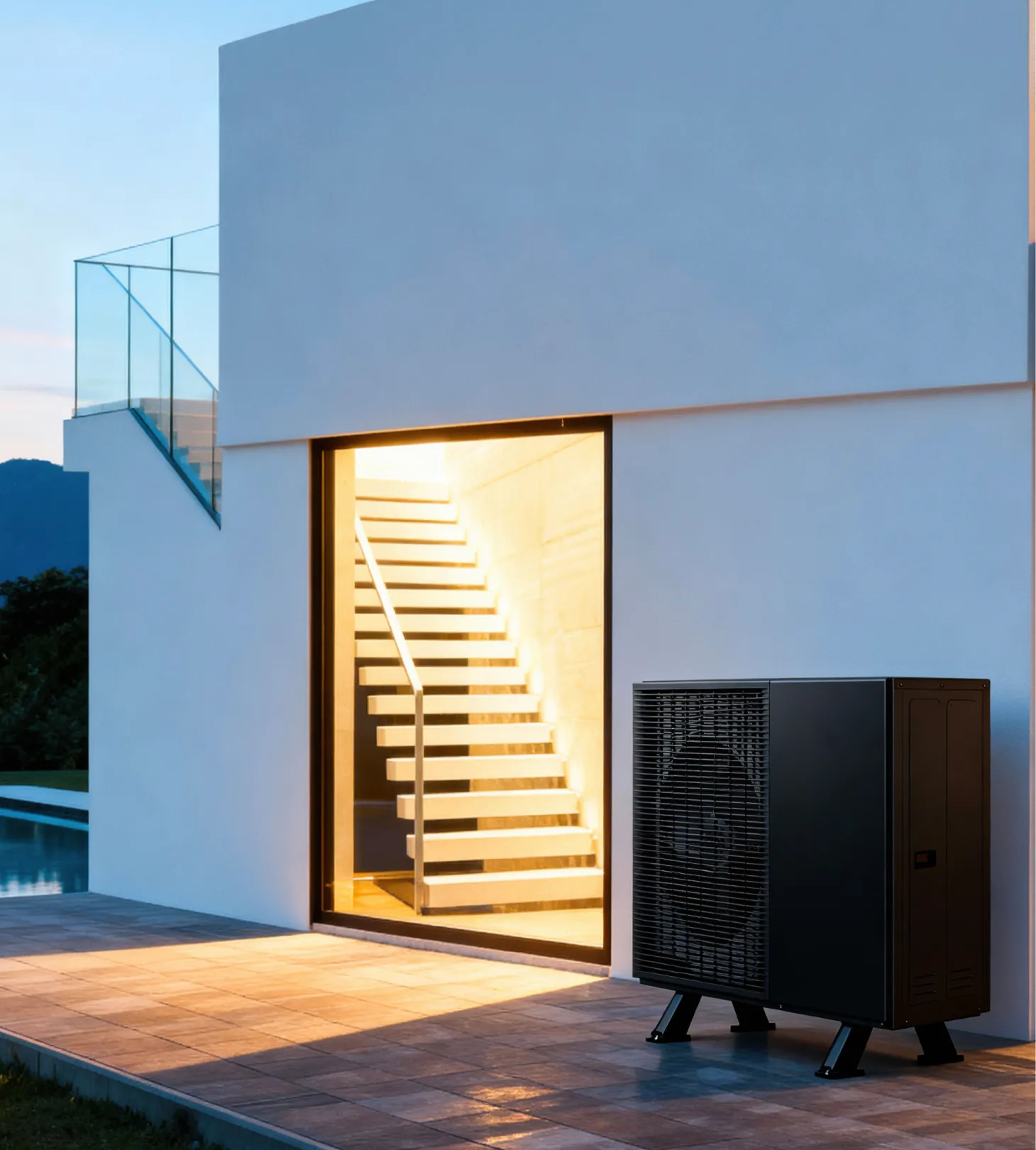esterno villa con pompa di calore nera