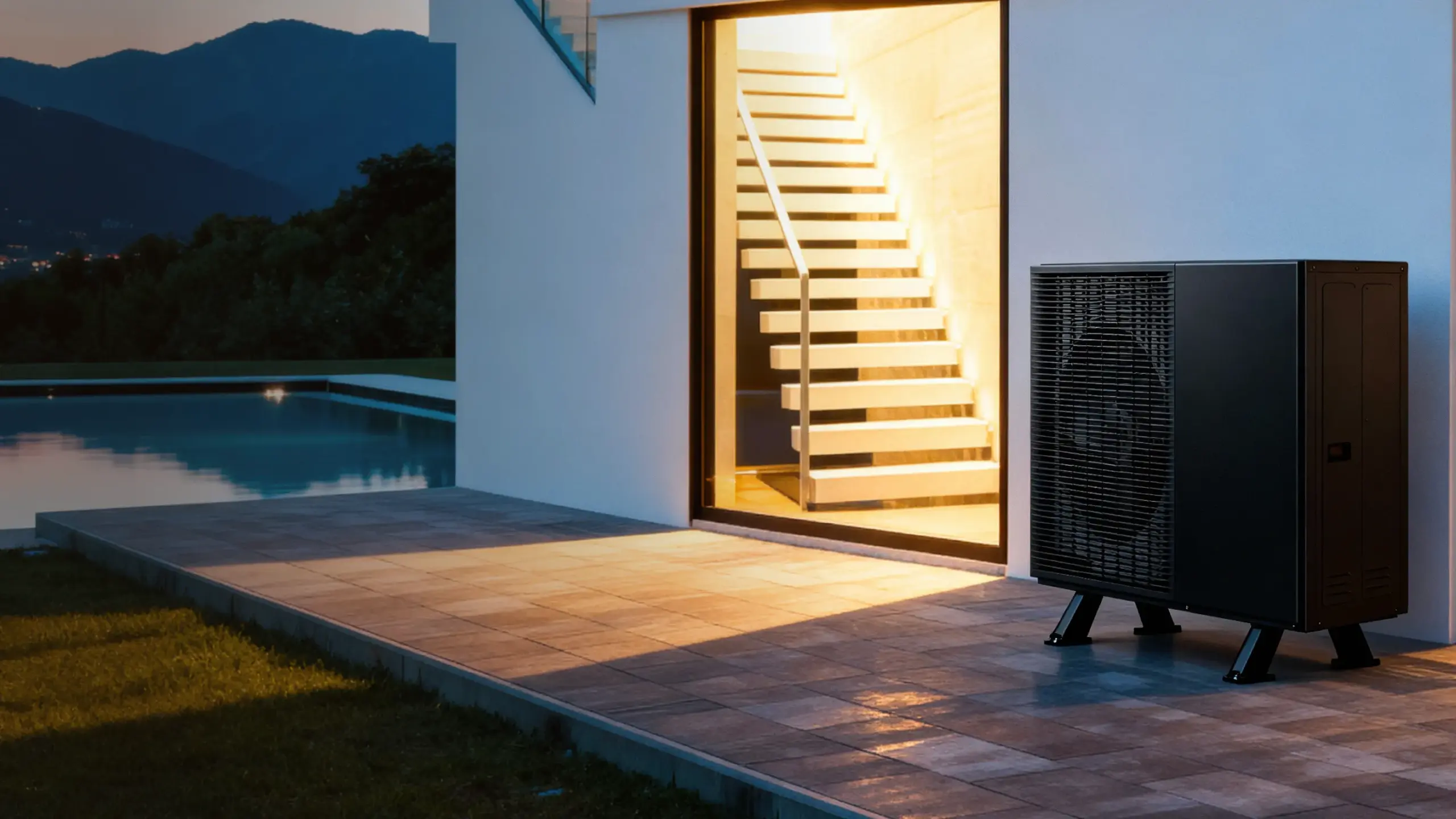 esterno villa con pompa di calore nera