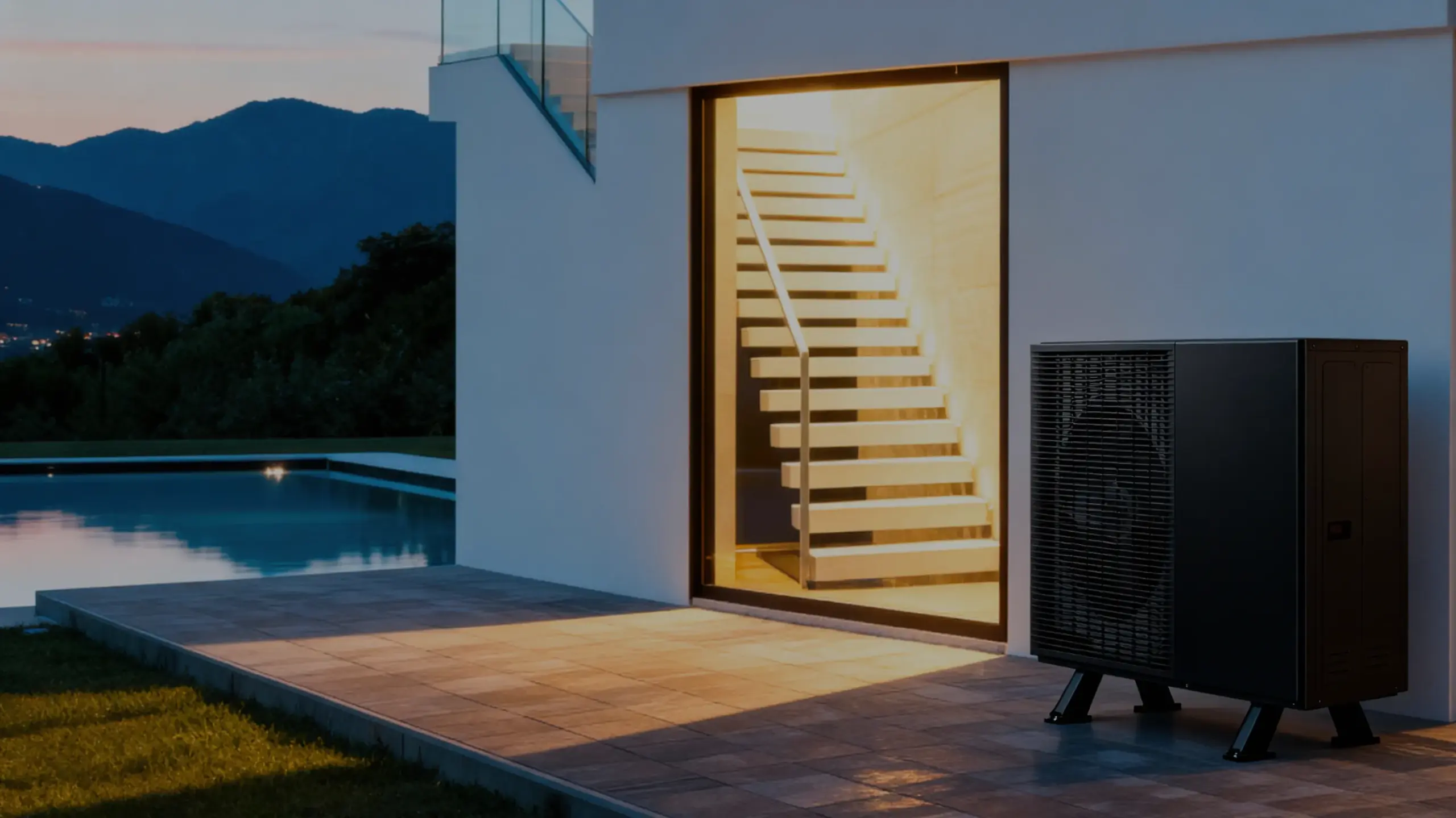 esterno villa con pompa di calore nera